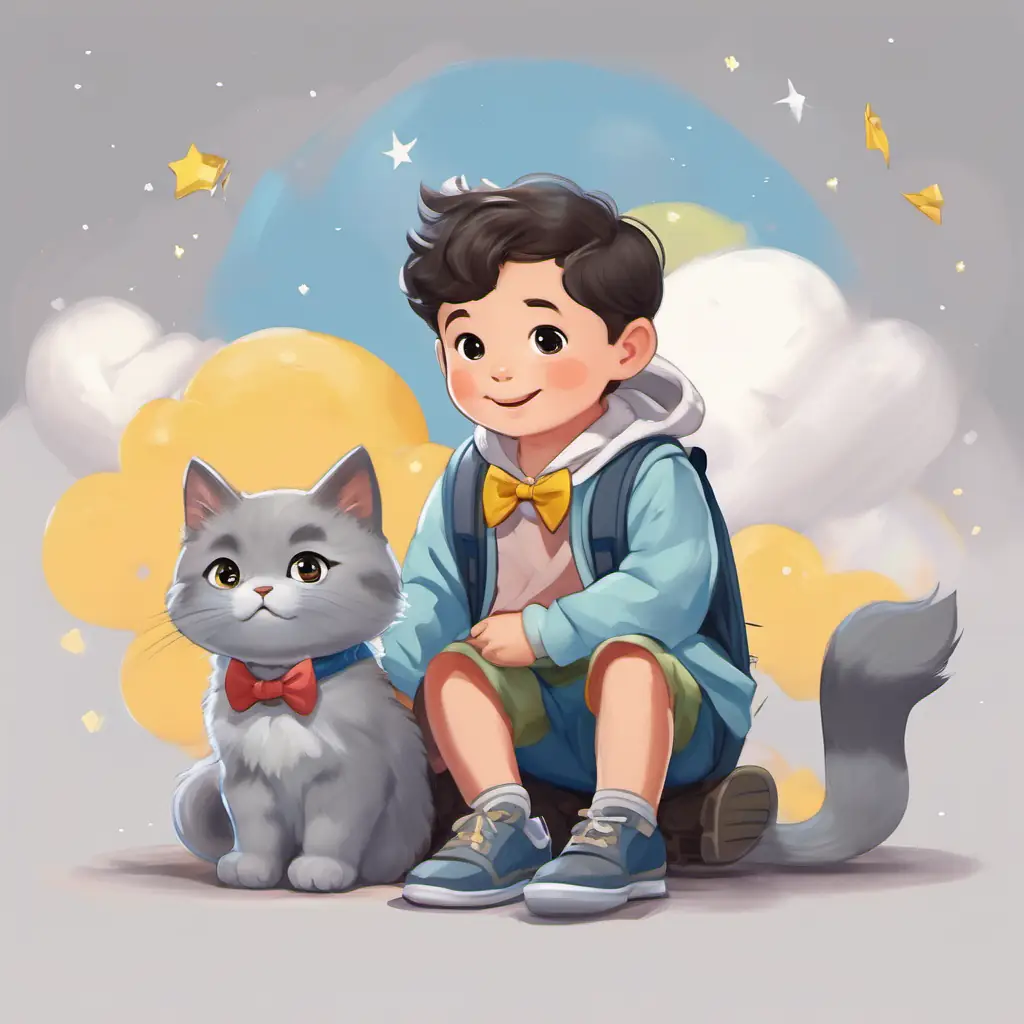 Bobby is a happy baby wearing a colorful onesie and carrying a backpack is sitting on the ground with Charlie is a gray cat wearing a bowtie, who is gray and wearing a bowtie. There is a big cloud above them and Charlie is wearing sparkly dance shoes.