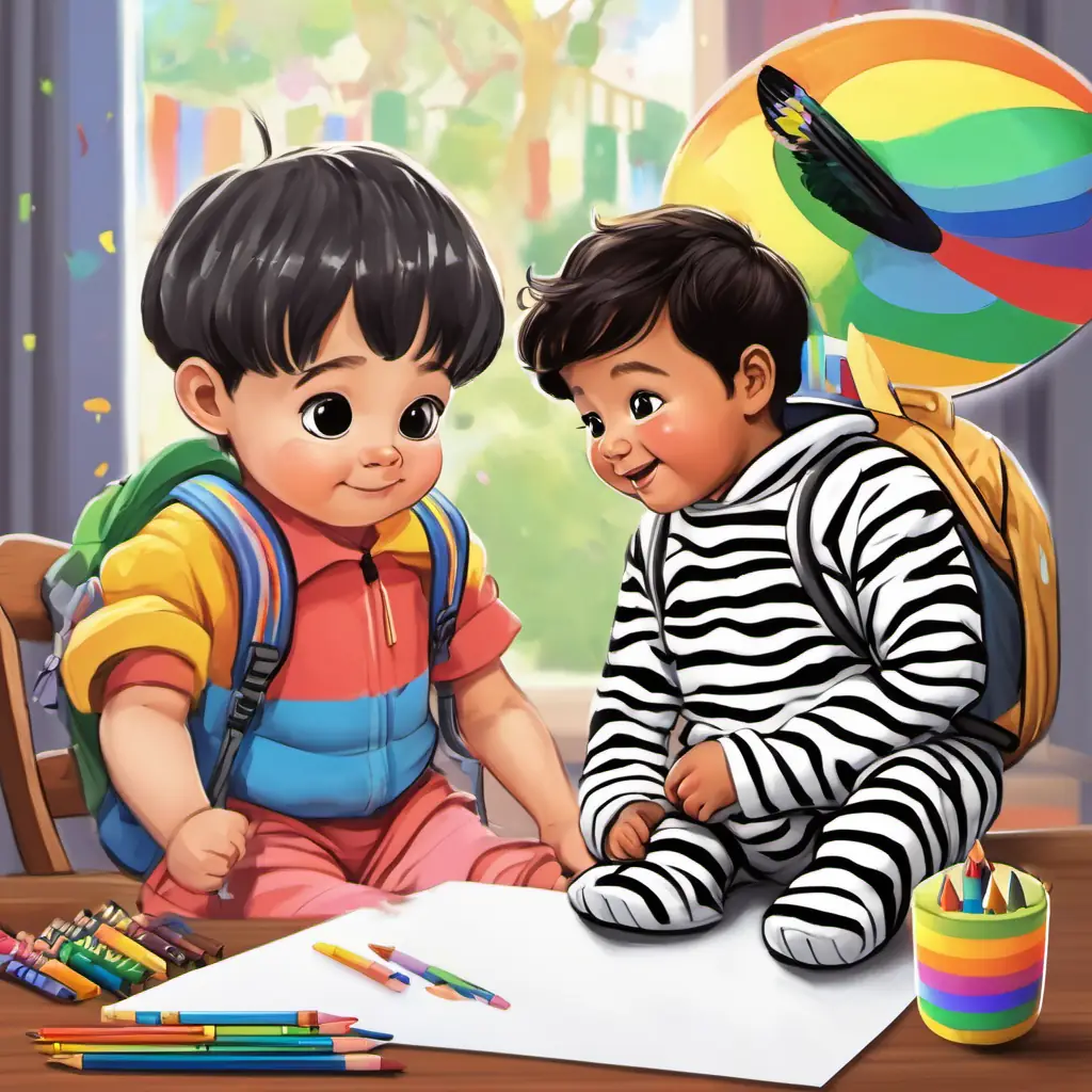 Bobby is a happy baby wearing a colorful onesie and carrying a backpack is sitting at a table with Zoe is a zebra with black-and-white stripes, who has black-and-white stripes. They are both holding crayons and coloring a big rainbow on a piece of paper.