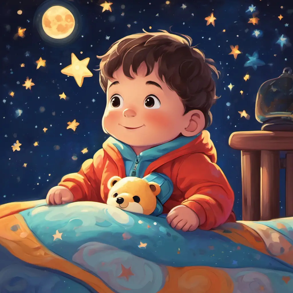 Bobby is a happy baby wearing a colorful onesie and carrying a backpack is lying in bed, looking sleepy and cuddling a stuffed animal. There are stars and moons shining in the night sky outside his window.