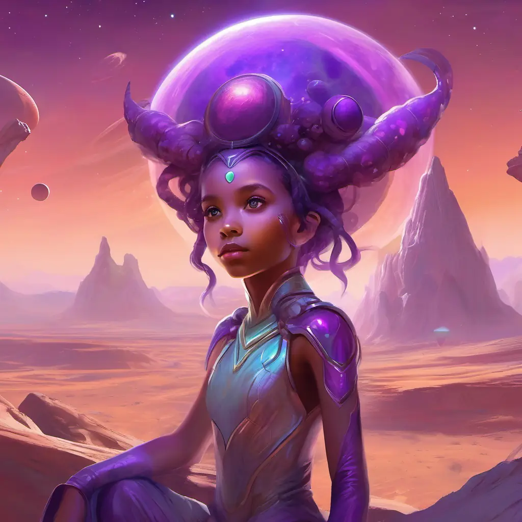 Young alien girl with purple antennae, six arms; curious eyes on Mars, looking at Earth, curious about the children of Earth.