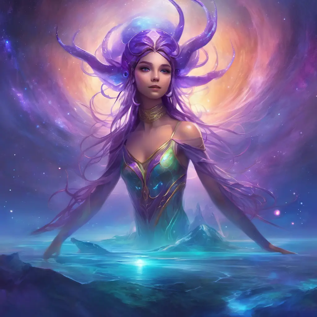Young alien girl with purple antennae, six arms; curious eyes lands on Earth, excited, marveling at its blue oceans.