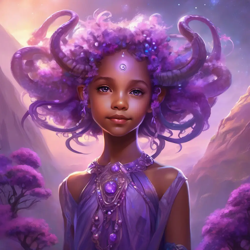 Young alien girl with purple antennae, six arms; curious eyes meets the Earth children, her friendly six arms, children's surprise.