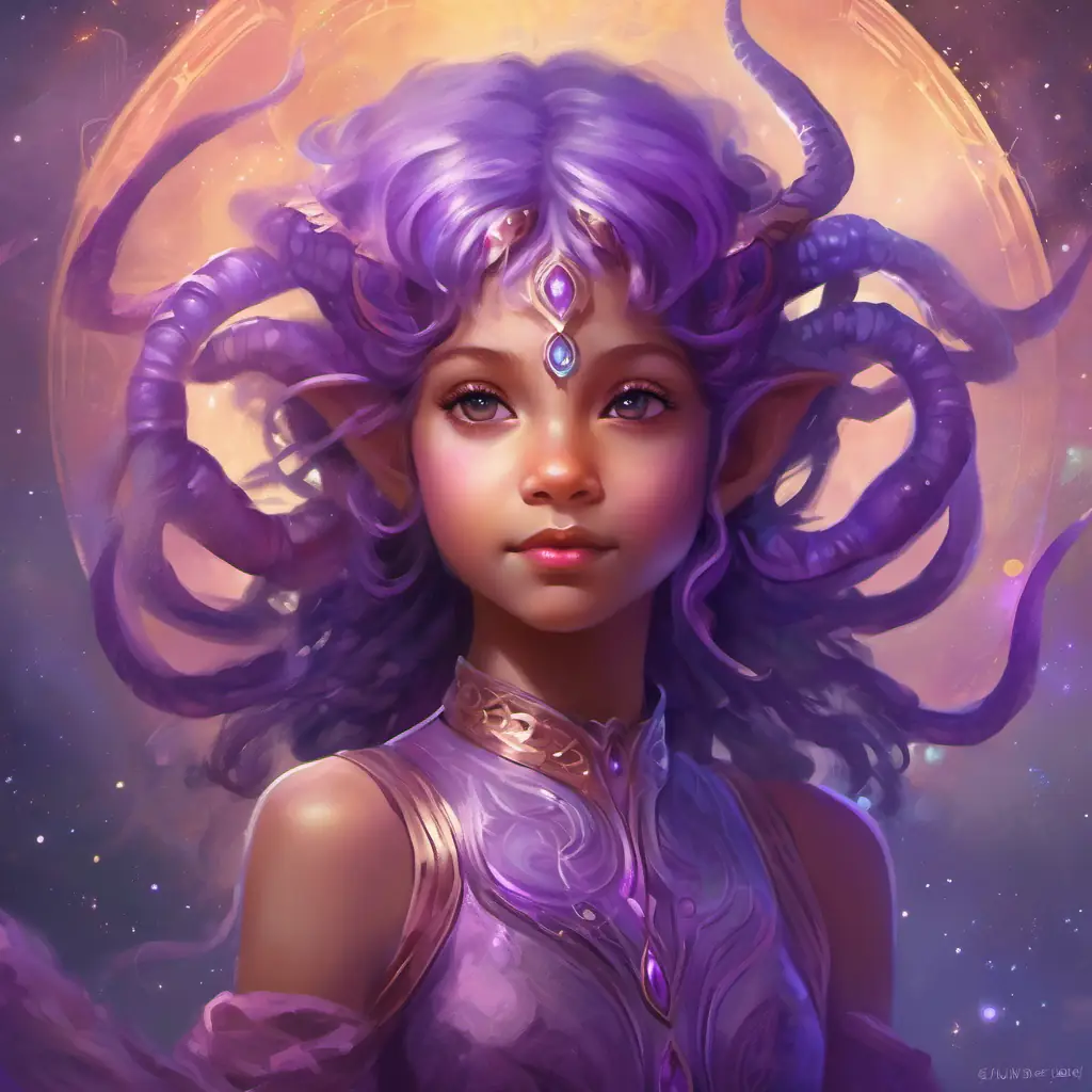 Young alien girl with purple antennae, six arms; curious eyes introduces herself, explains her journey, children's interest and warmth.