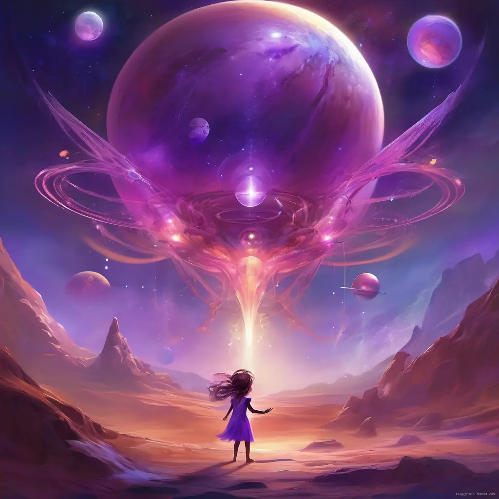Children share games, Young alien girl with purple antennae, six arms; curious eyes shows Mars dance and music.