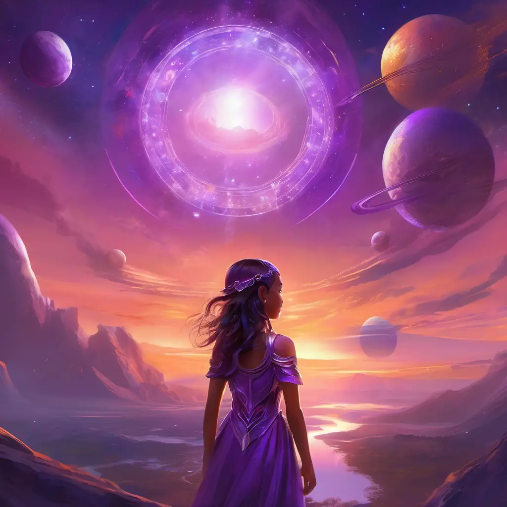 Sun setting, Young alien girl with purple antennae, six arms; curious eyes sees spaceship, promises to meet Earth children again.