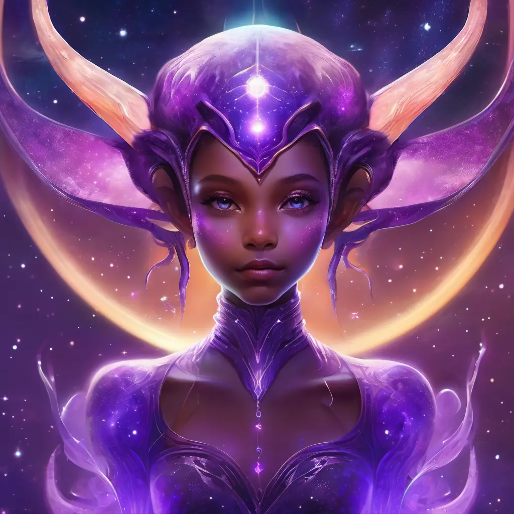 Young alien girl with purple antennae, six arms; curious eyes feeling warm, gazing at stars, her glowing antennae.