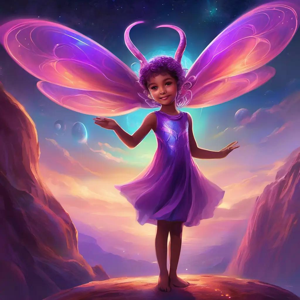 Children on Earth remembering Young alien girl with purple antennae, six arms; curious eyes, the joyous dance, reddish sky.