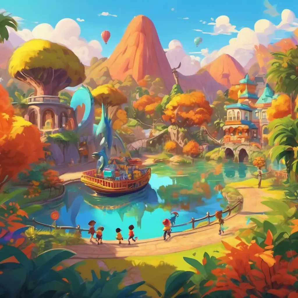 Introduction to Dino Island, featuring a colorful theme park and curious kids.