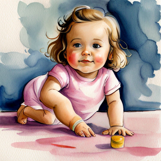 Mia has brown hair and wears a pink dress.'s Baby sister has blond hair and wears a pink onesie. crawling and grabbing toys