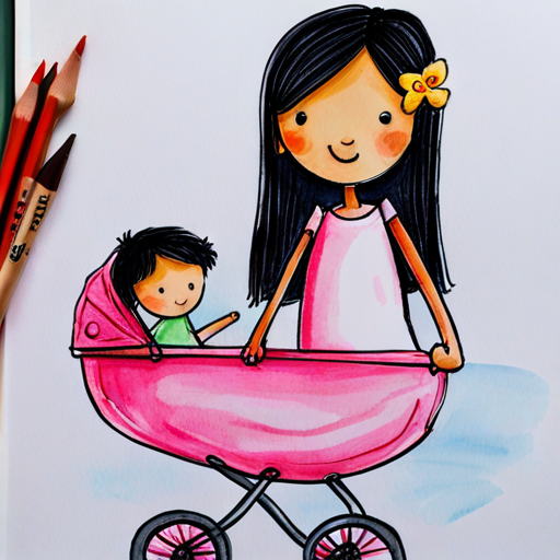 Mia has black hair and wears a pink dress. pushing her Baby sister has blond hair and wears a pink onesie. in a pink stroller