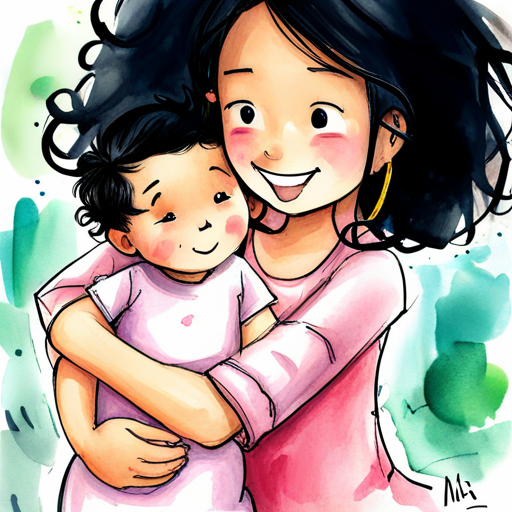 Mia has black hair and wears a pink dress. hugging her Baby sister has blond hair and wears a pink onesie. with a big smile