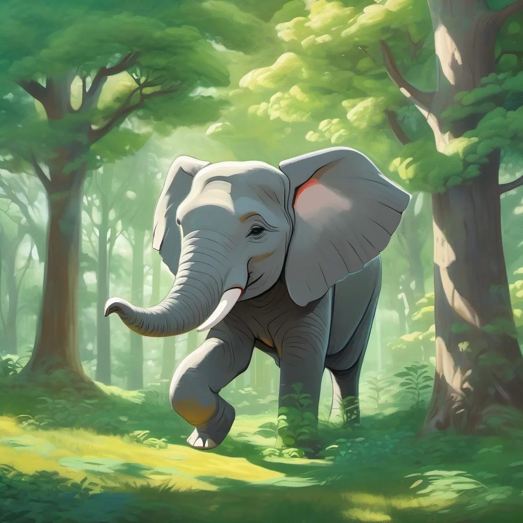 a large gray elephant joyfully playing in a sunlit, vibrant green forest with swaying trees