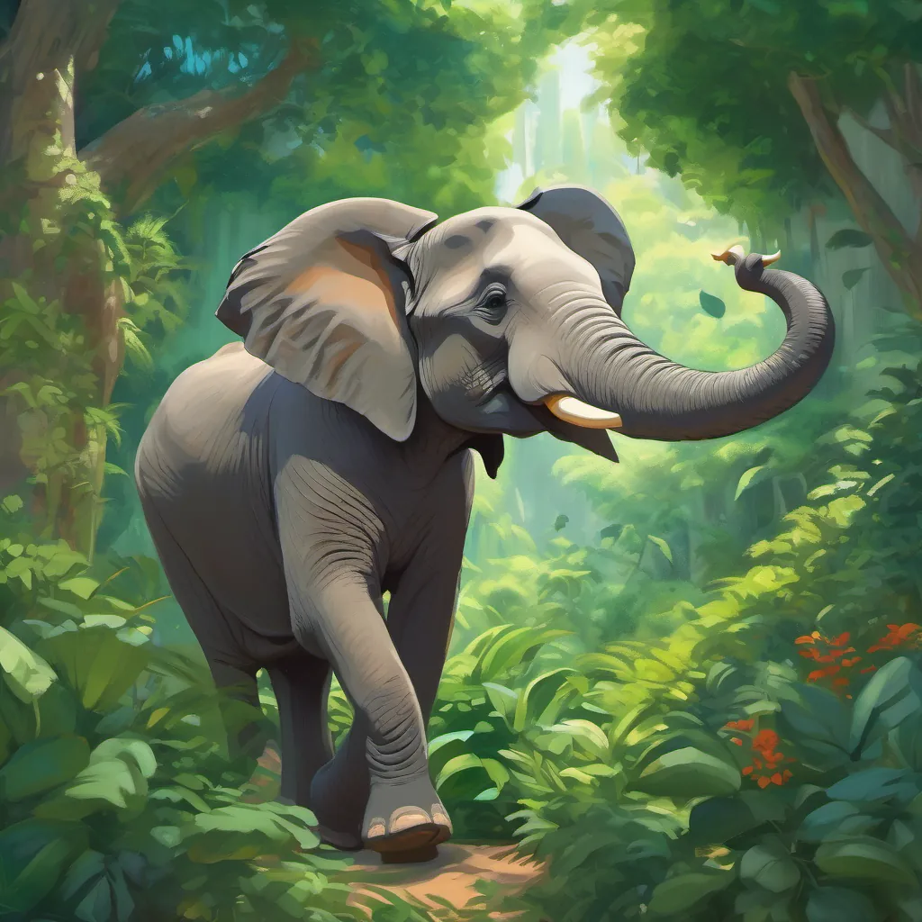 an elephant with its trunk up, trumpeting happily, surrounded by lush greenery