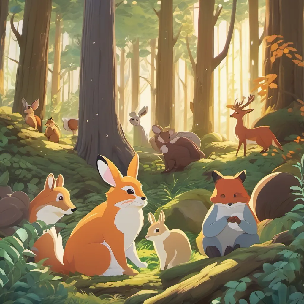 a peaceful forest scene with animals resting together under a setting sun