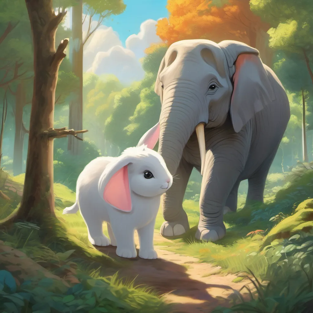 a fluffy rabbit with long ears meeting an elephant in a sunny forest clearing