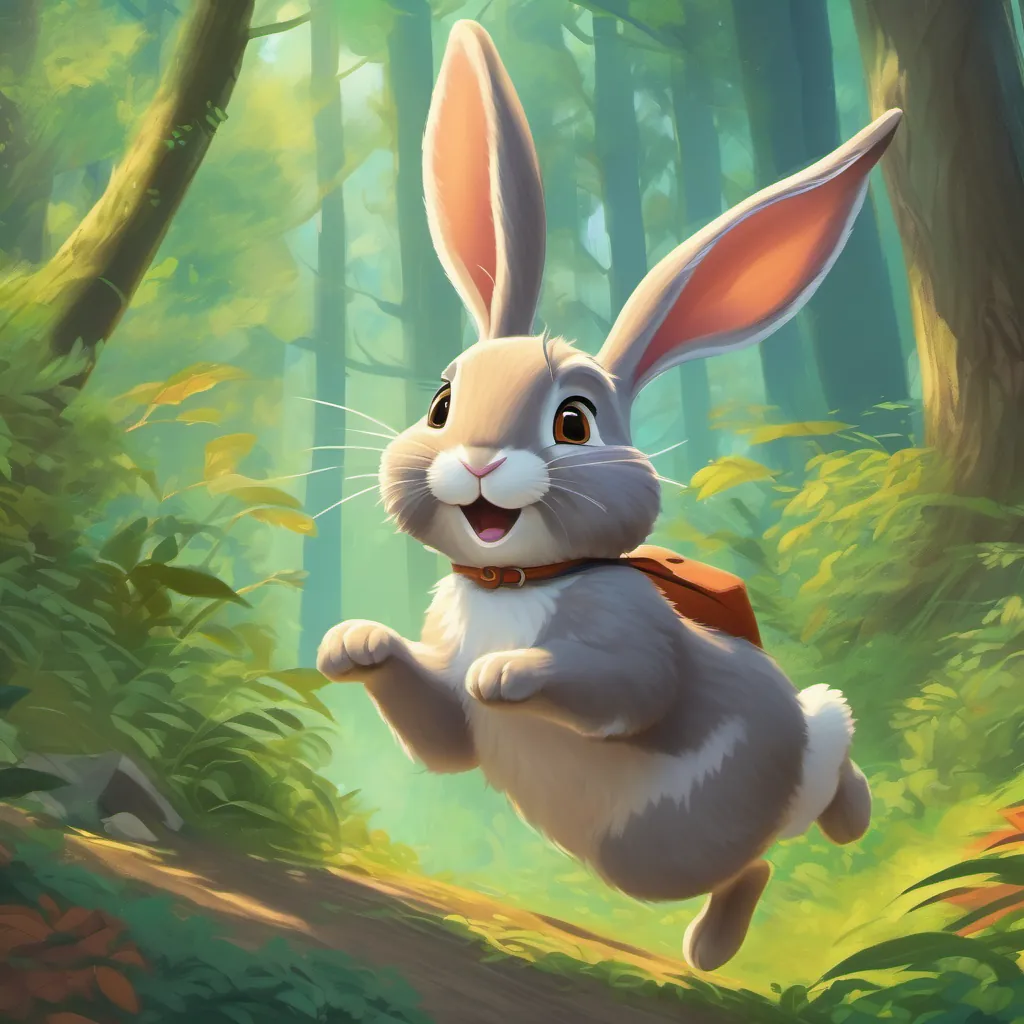 a rabbit joyfully hopping in the forest, whispering rhymes to the trees