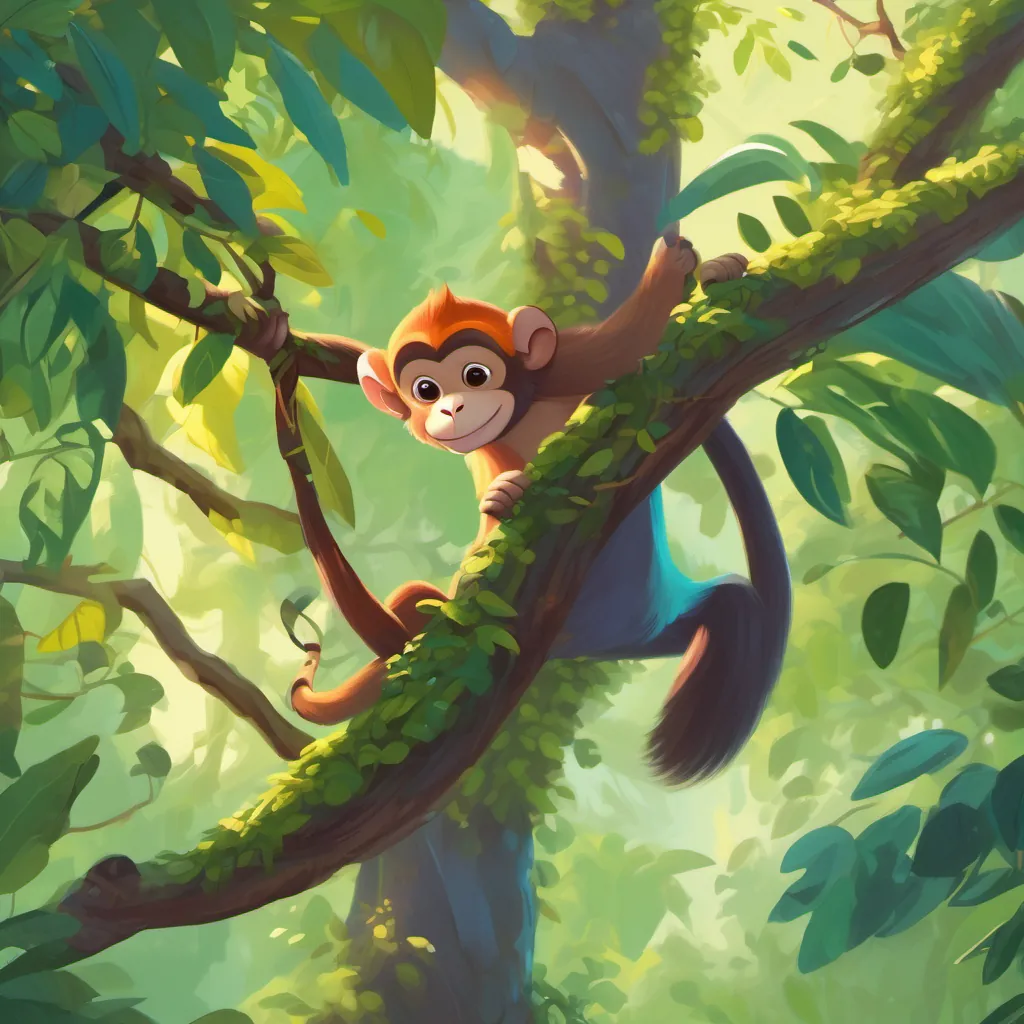 a playful monkey swinging from a tree branch, surrounded by vibrant greenery