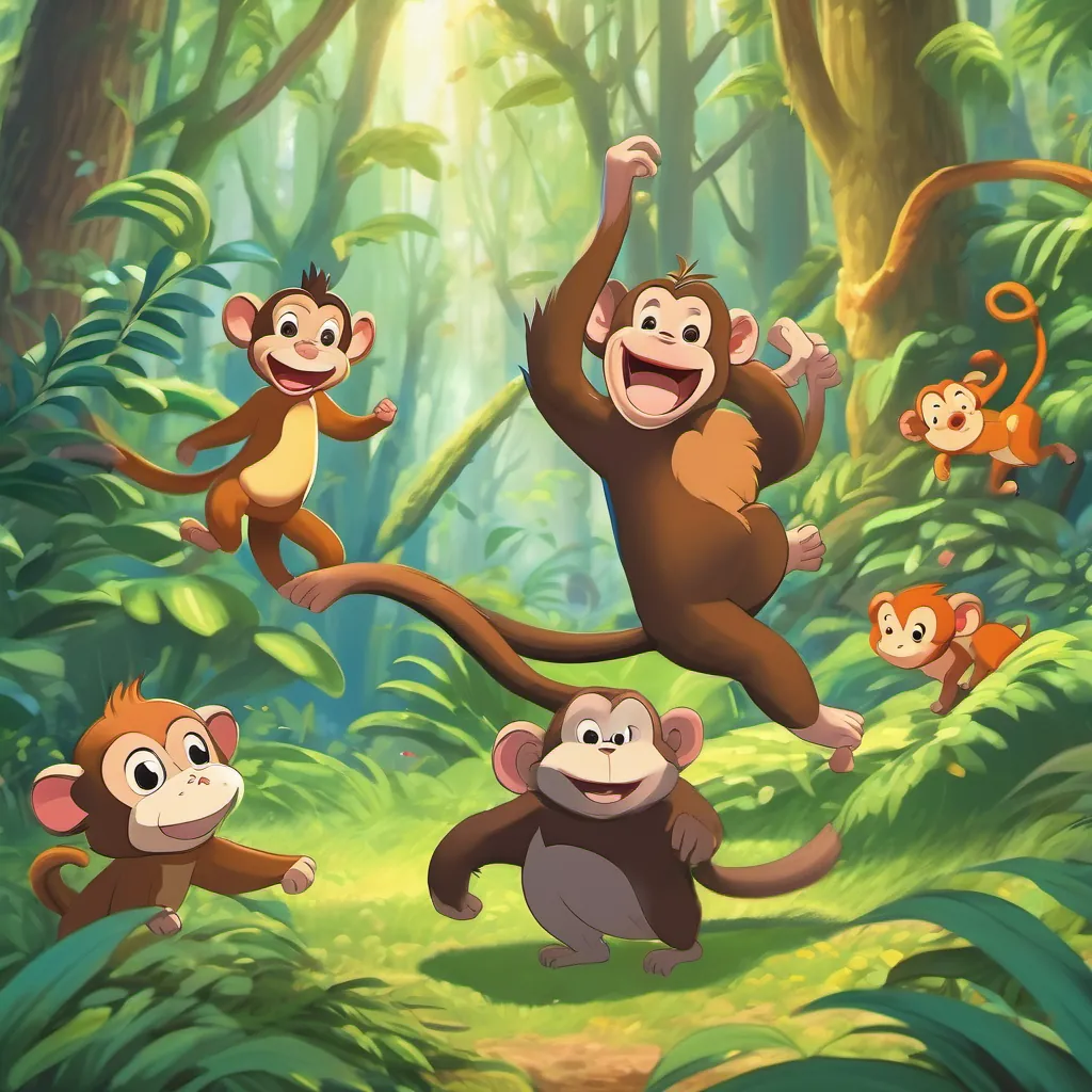 a monkey dancing joyfully on a forest floor, as other animals laugh