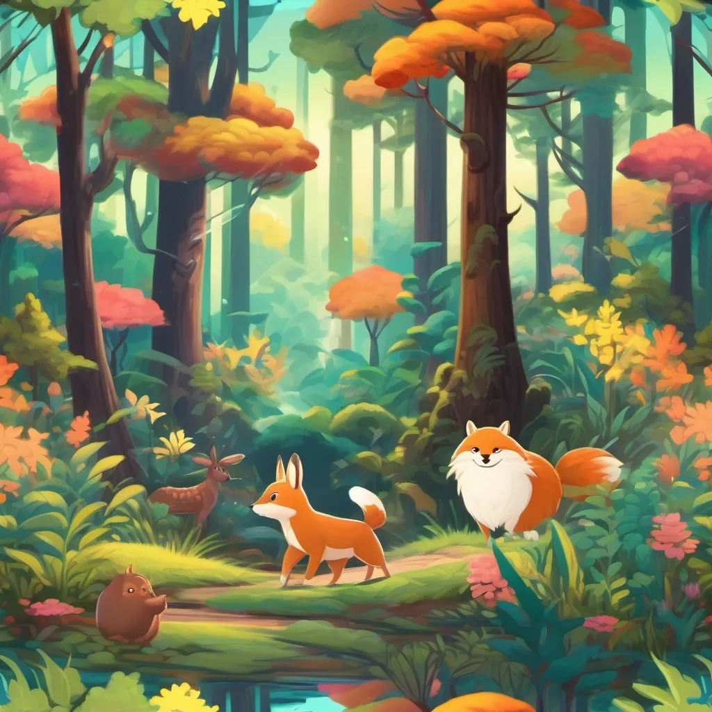 an ensemble of animals happily wandering through a vibrant, dreamlike forest