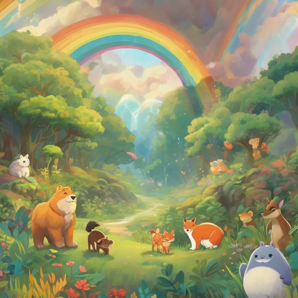 all the animals at the edge of the forest, smiling under a rainbow