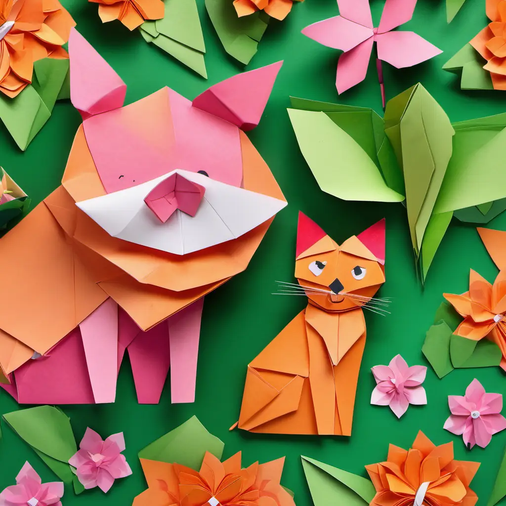 The second page shows Pink pig with wings and a smile and Orange cat with big green eyes, playful and curious, a playful orange cat with green eyes, meeting in a meadow surrounded by flowers.