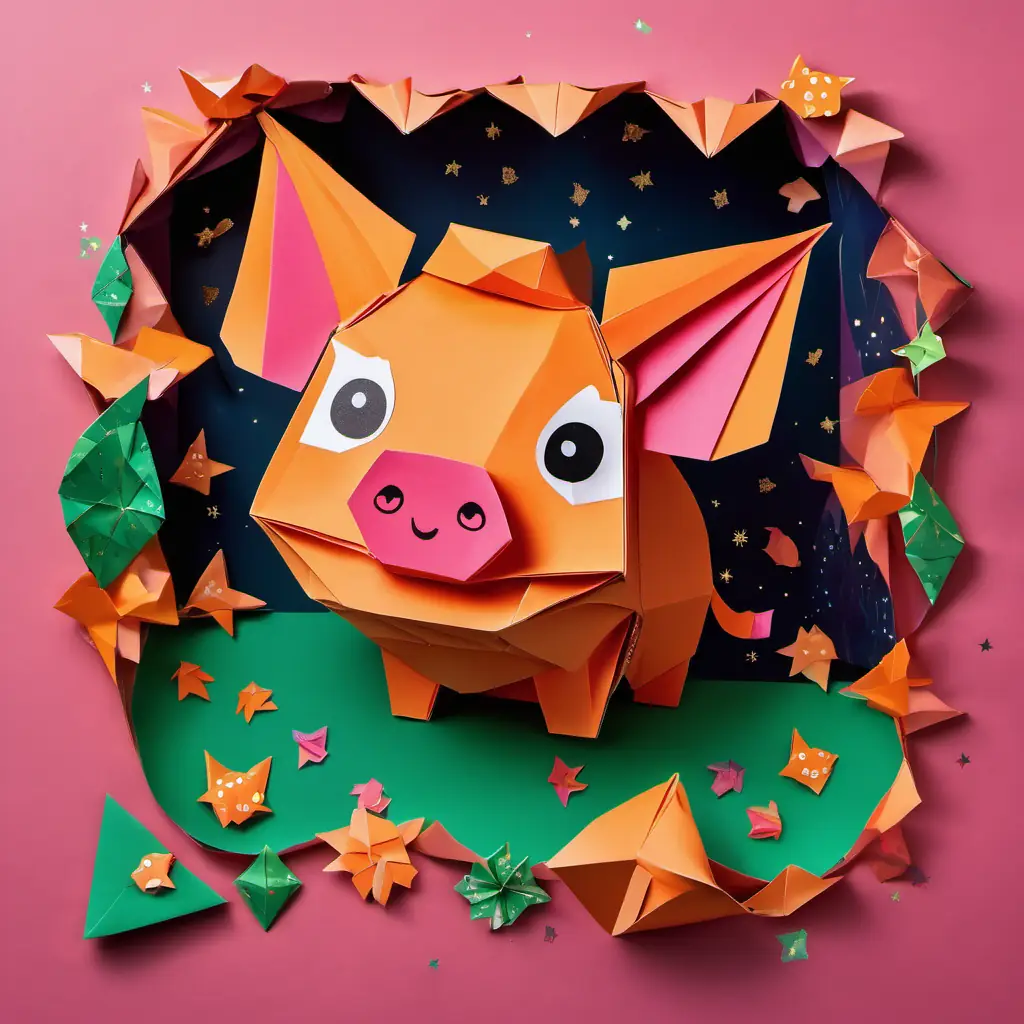 The fourth page shows Pink pig with wings and a smile and Orange cat with big green eyes, playful and curious peeking inside a dark cave, and a box of chocolate cookies sparkles in the corner.