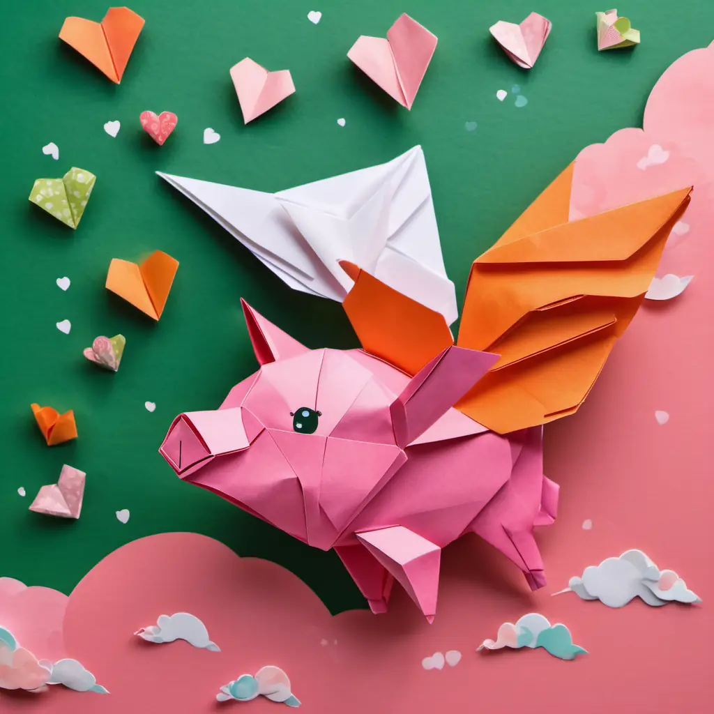 The eighth page shows Pink pig with wings and a smile and Orange cat with big green eyes, playful and curious flying back home, with hearts and bellies full of happiness.