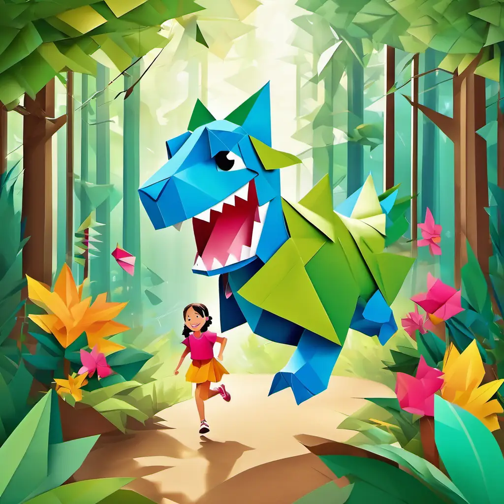 Happy girl with pigtails, bright blue eyes, and rosy cheeks and the small green dinosaur are running through the forest with big smiles on their faces.