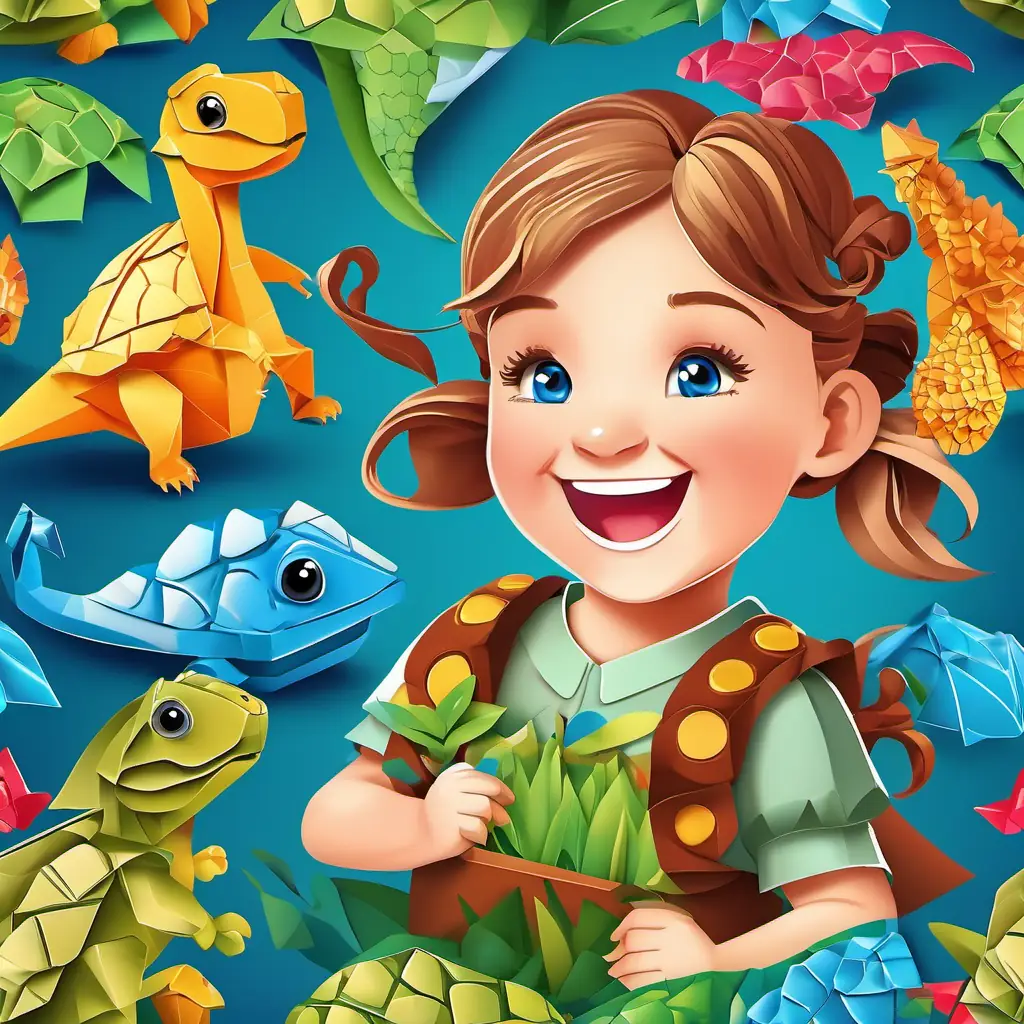 Happy girl with pigtails, bright blue eyes, and rosy cheeks and the dino are having fun playing with turtles and toads by poking them and laughing.