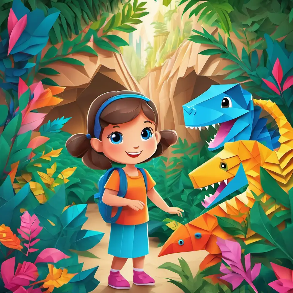 Happy girl with pigtails, bright blue eyes, and rosy cheeks and the dino discover a hidden cave covered with colorful vines.