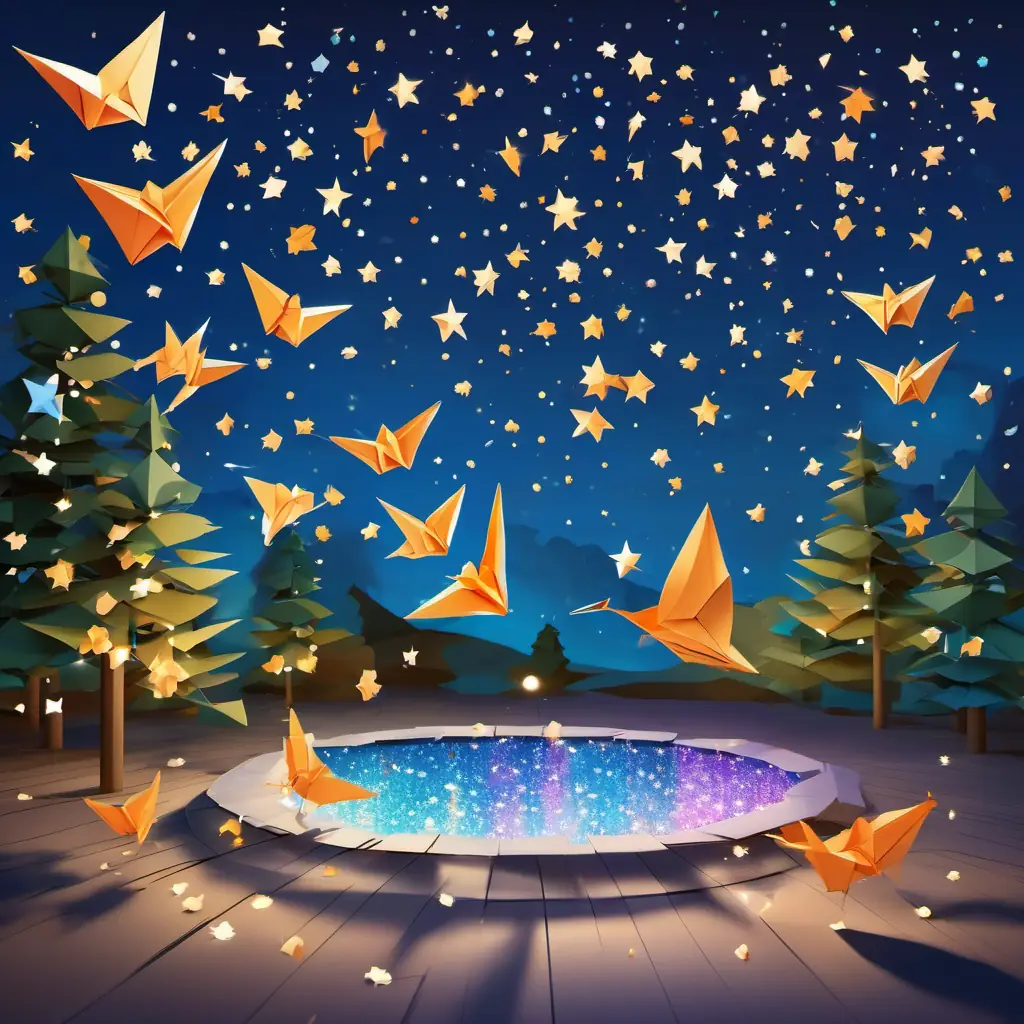 They fall down into a pool of shimmering stars, tumbling and spinning before landing.