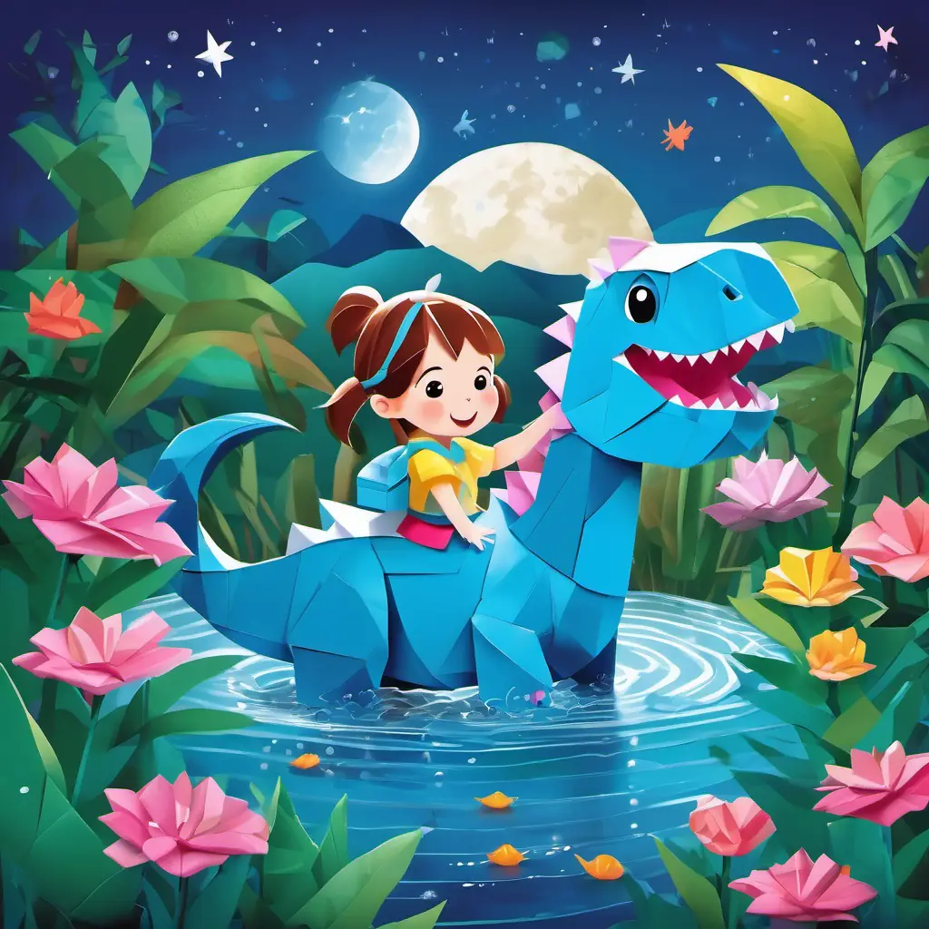 Happy girl with pigtails, bright blue eyes, and rosy cheeks and the dino happily play in the magical water under the moonlight, giggling and having fun.