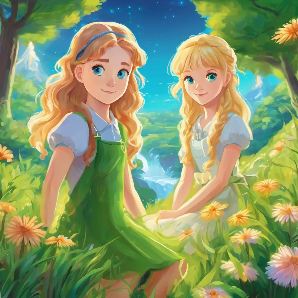 The text describes Lily has long, curly brown hair and bright blue eyes and Leo has spiky blond hair and sparkling green eyes, two best friends, in the beautiful land of Sparkleville.