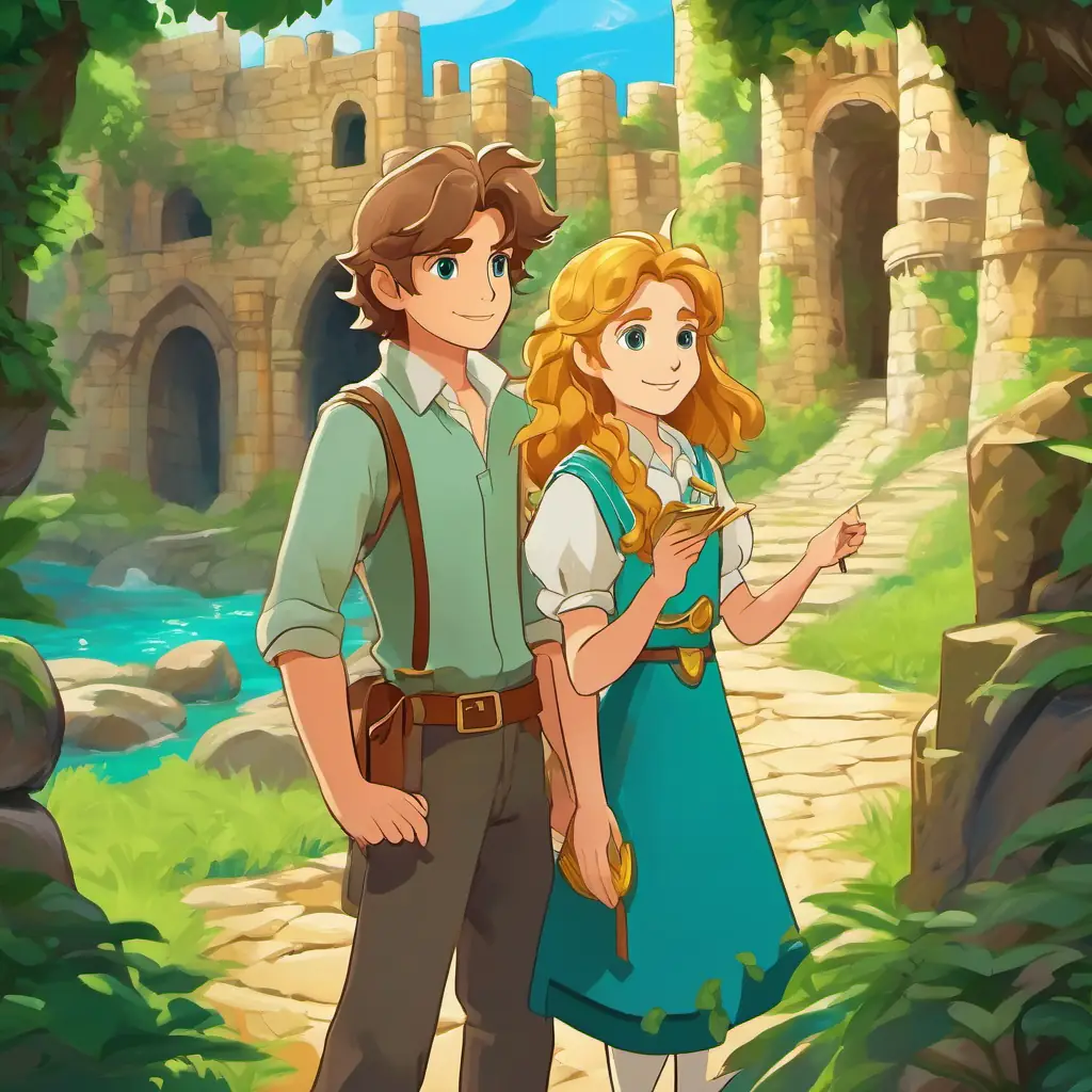 Lily has long, curly brown hair and bright blue eyes and Leo has spiky blond hair and sparkling green eyes find a map and learn about a treasure hidden in an ancient castle.