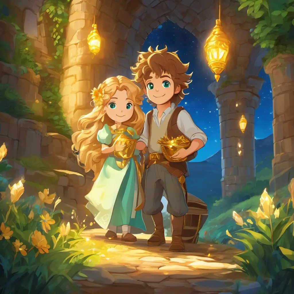 Lily has long, curly brown hair and bright blue eyes and Leo has spiky blond hair and sparkling green eyes reach the ancient castle filled with golden treasures and magical lights.