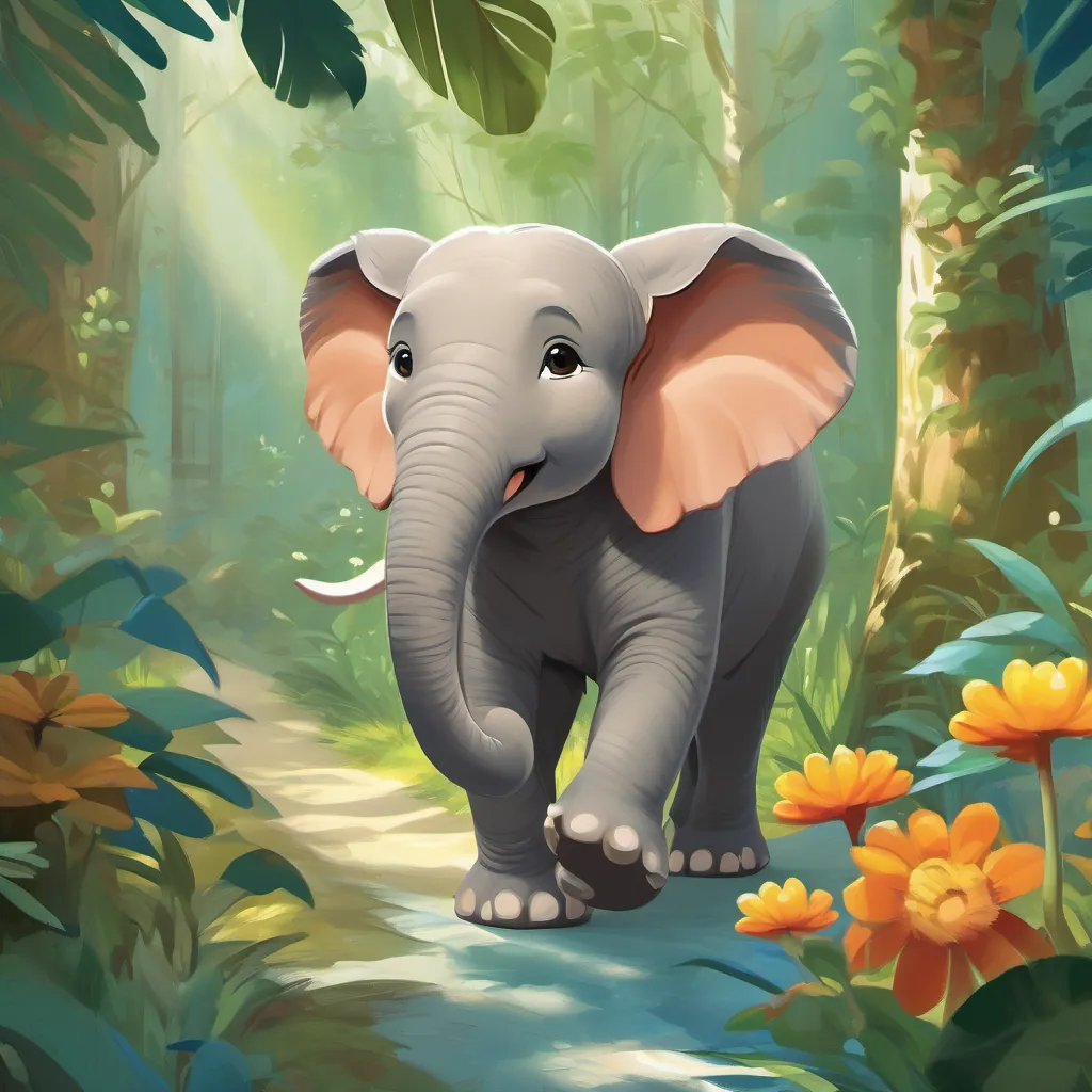 A sunny jungle morning with A small and chubby Elephant with big, curious eyes and a joyful trunk the small Elephant and A sprightly and energetic Squirrel with a bushy tail and a big smile the Squirrel starting their journey, excitement clear on their faces.