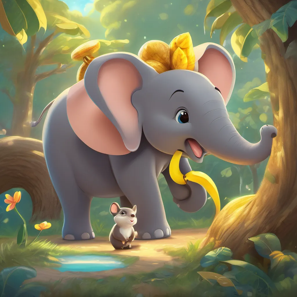 A small and chubby Elephant with big, curious eyes and a joyful trunk and A sprightly and energetic Squirrel with a bushy tail and a big smile making wishes on the Golden Banana, their friendship glowing brightly.