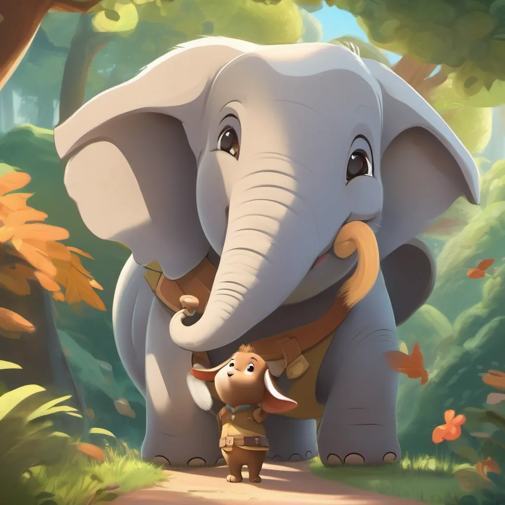A small and chubby Elephant with big, curious eyes and a joyful trunk and A sprightly and energetic Squirrel with a bushy tail and a big smile walking into the distance, new adventures ahead, their friendship stronger than ever.