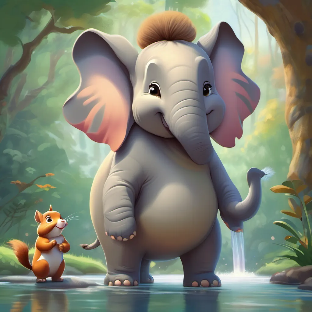 A small and chubby Elephant with big, curious eyes and a joyful trunk and A sprightly and energetic Squirrel with a bushy tail and a big smile standing in front of a sparkling brook, contemplating how to cross.