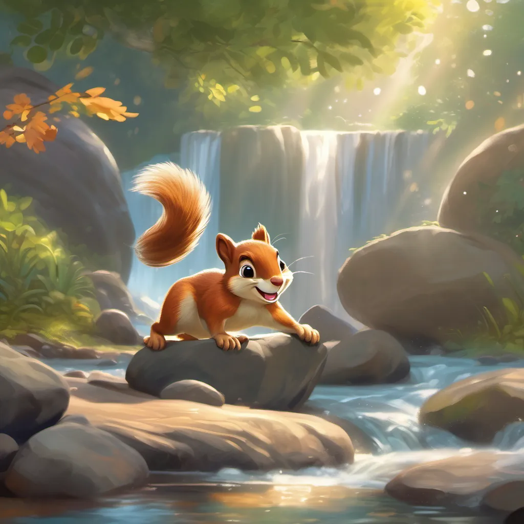 A sprightly and energetic Squirrel with a bushy tail and a big smile the Squirrel hopping on large rocks across a sparkling brook, with A small and chubby Elephant with big, curious eyes and a joyful trunk following close behind.