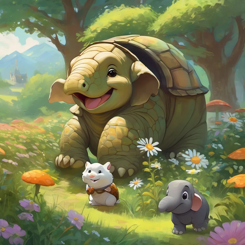 A wise-old Tortoise emerging from the bushes in the daisy-filled meadow, talking to A small and chubby Elephant with big, curious eyes and a joyful trunk and A sprightly and energetic Squirrel with a bushy tail and a big smile.