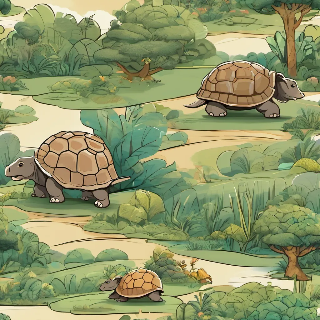 A wise-old Tortoise with a knowing smile, gentle eyes, and a wrinkled shell the Tortoise giving directions to A small and chubby Elephant with big, curious eyes and a joyful trunk and A sprightly and energetic Squirrel with a bushy tail and a big smile, showing them the way to the tallest tree.