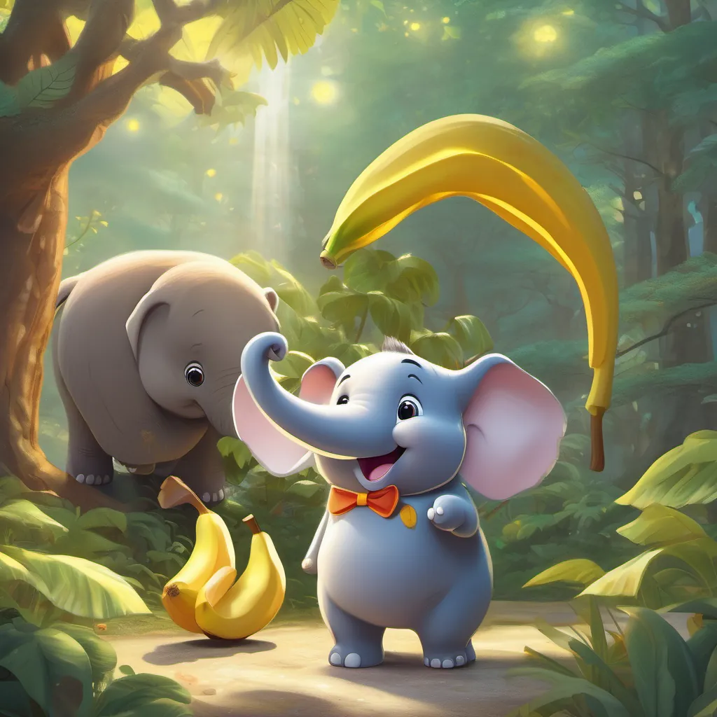 A small and chubby Elephant with big, curious eyes and a joyful trunk and A sprightly and energetic Squirrel with a bushy tail and a big smile celebrating next to a glowing Golden Banana at the base of the tallest tree.