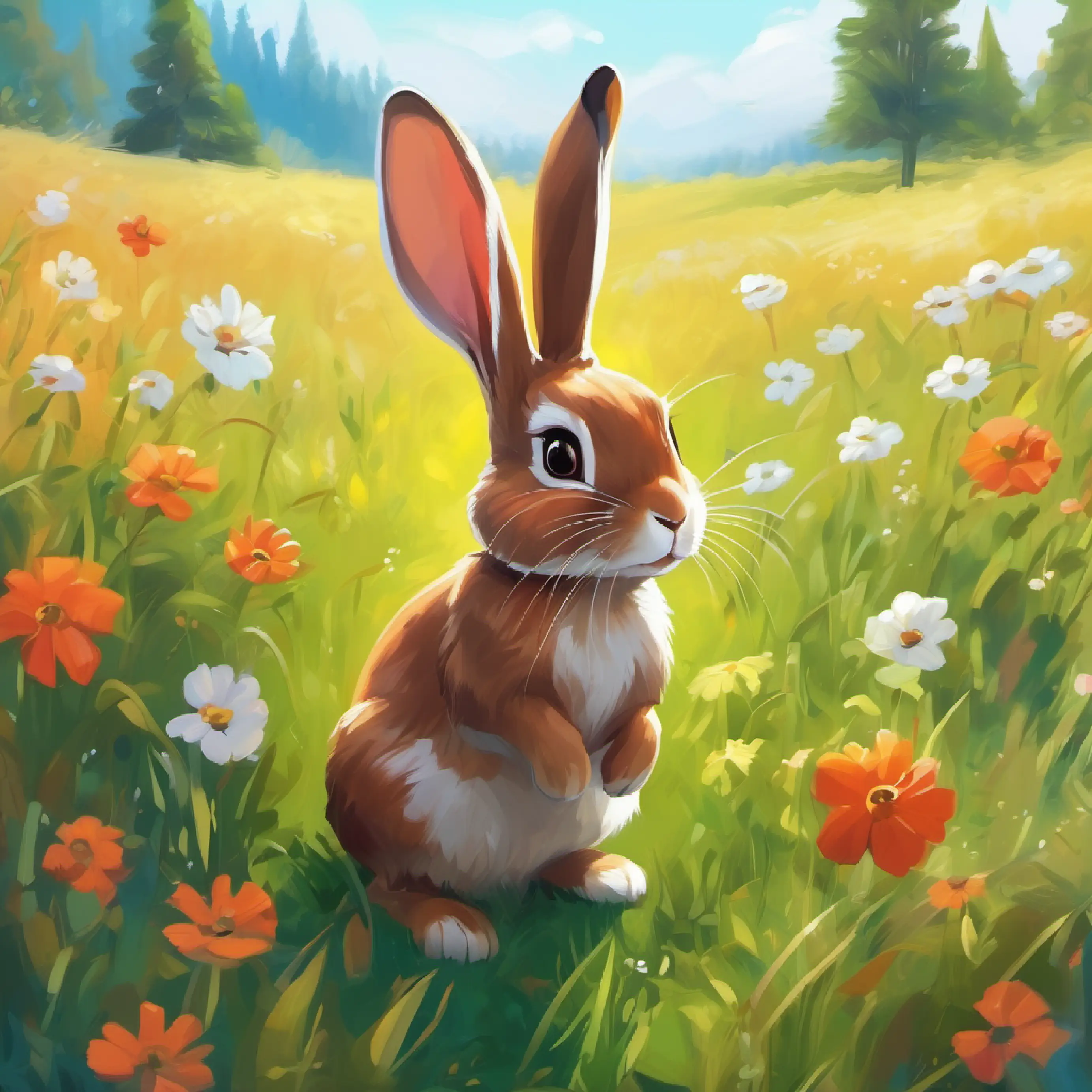 Introduces A brown rabbit with white paws and bright, anxious eyes in a meadow, feeling nervous.