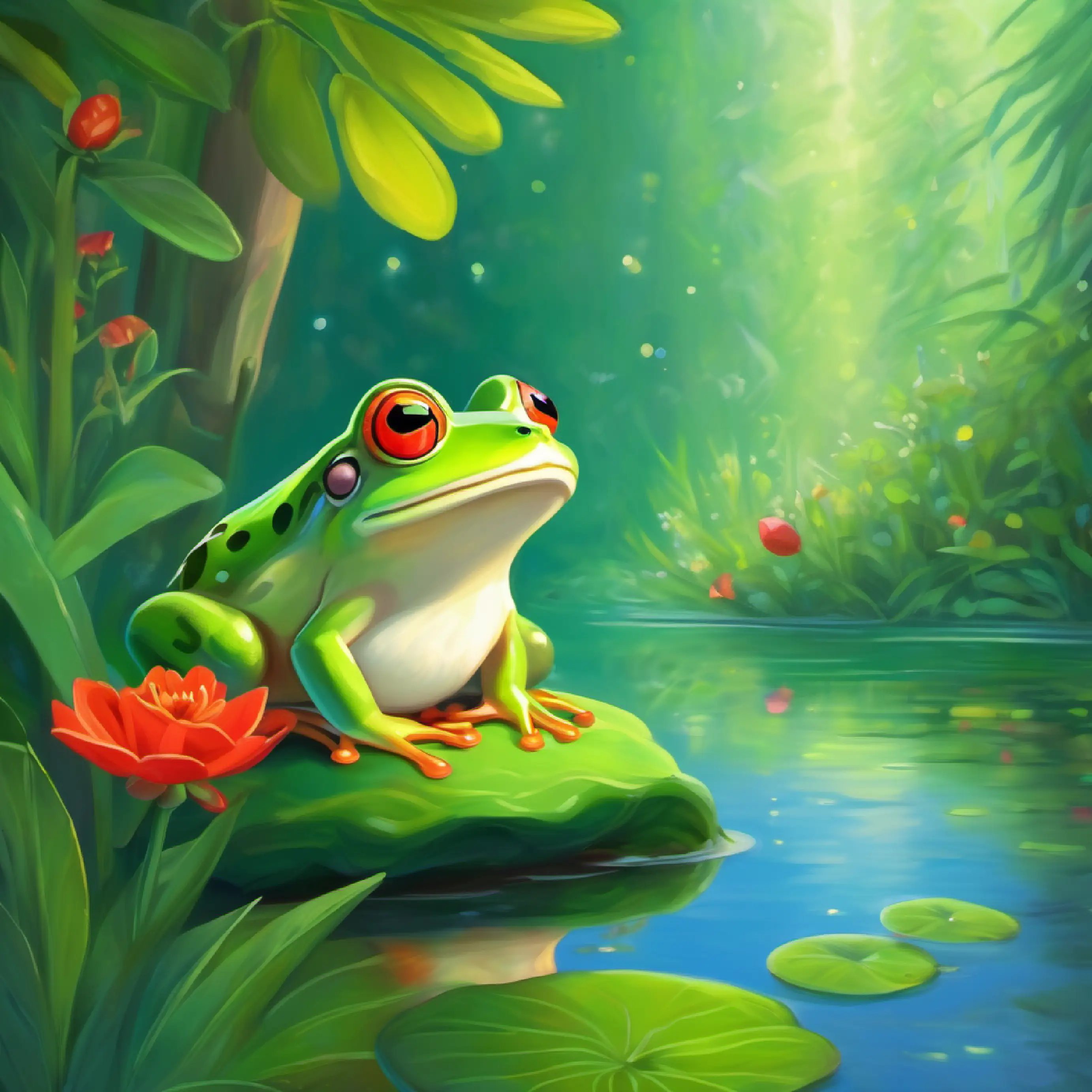 Jumpy visits calm A green frog with a soothing smile and deep, calm eyes, inquires about her serenity.