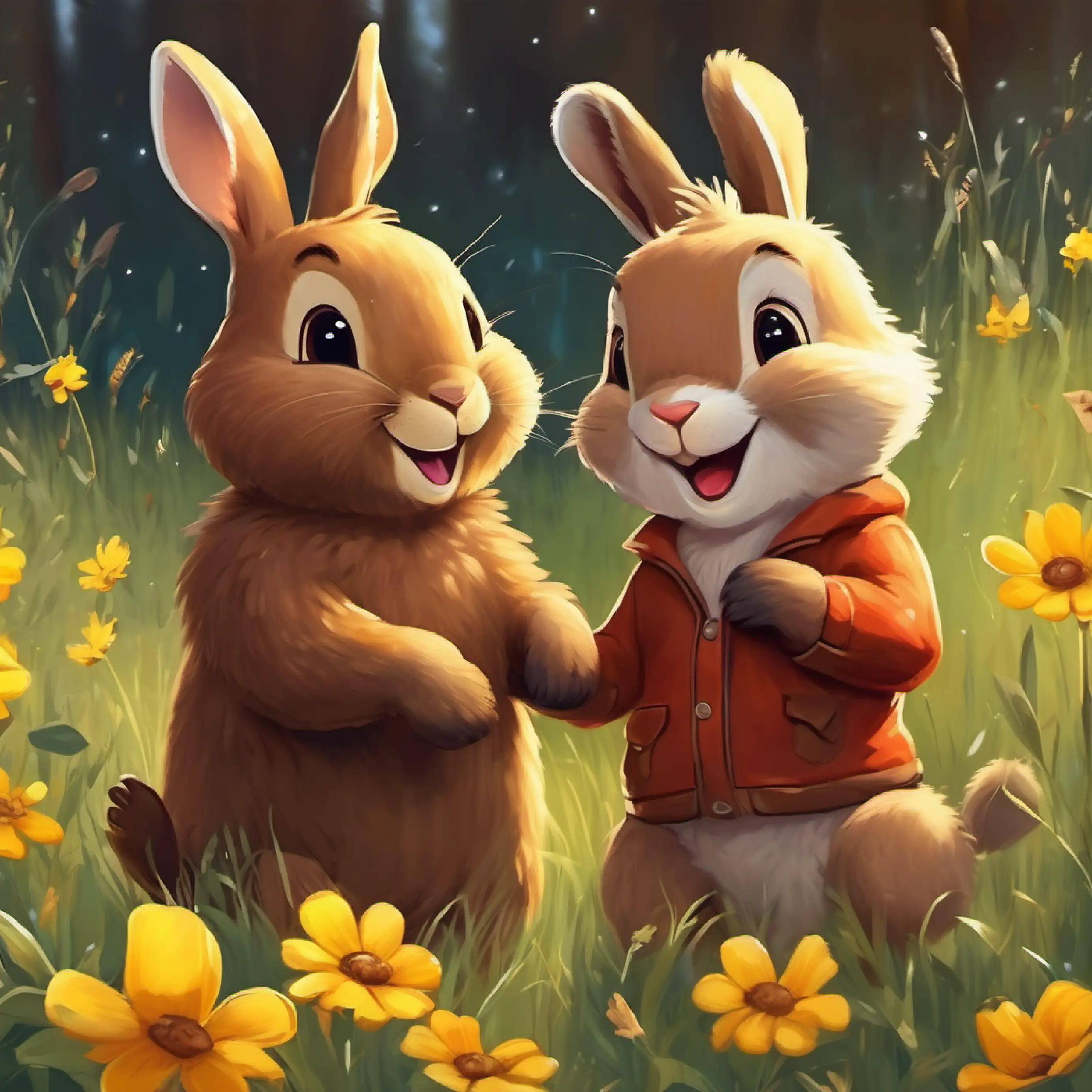  brown rabbit feeling so happy with brown bear with yellow bird smiling meadow