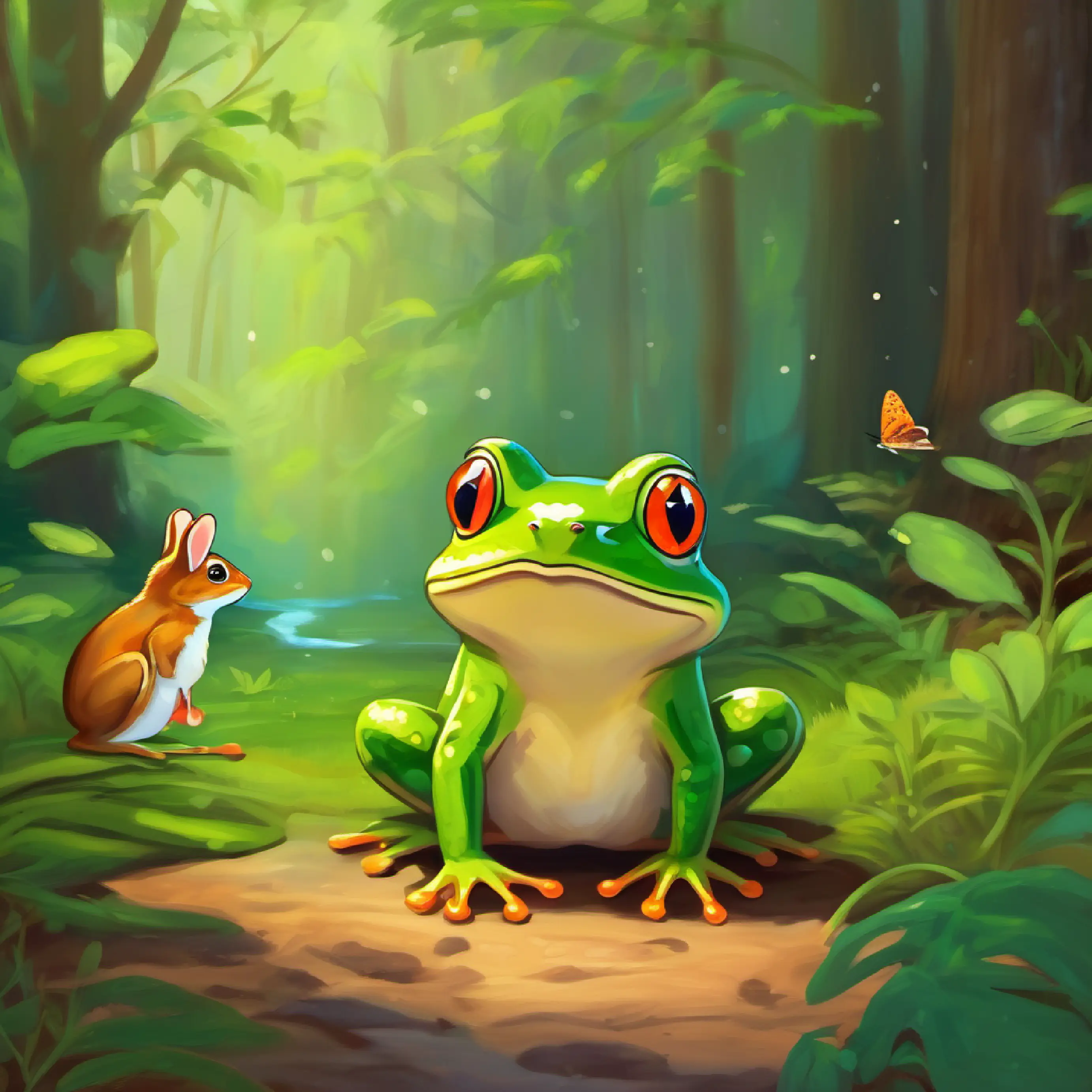 Introduces a frog teaching to the brown rabbit how to breathe and stay calm in the nature