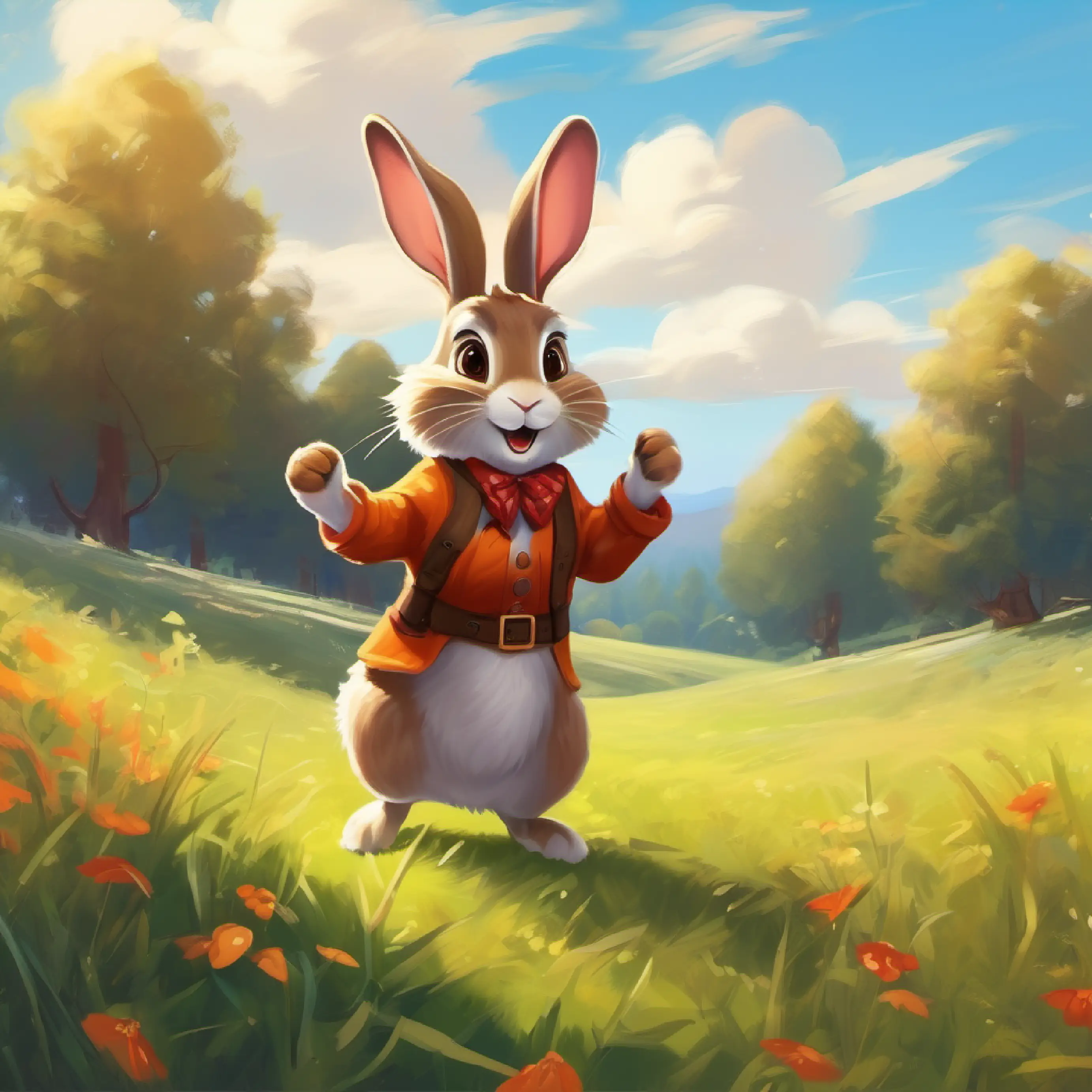 Introduces A brown rabbit with white paws and bright, trying to sing in a meadow, feeling nervous.