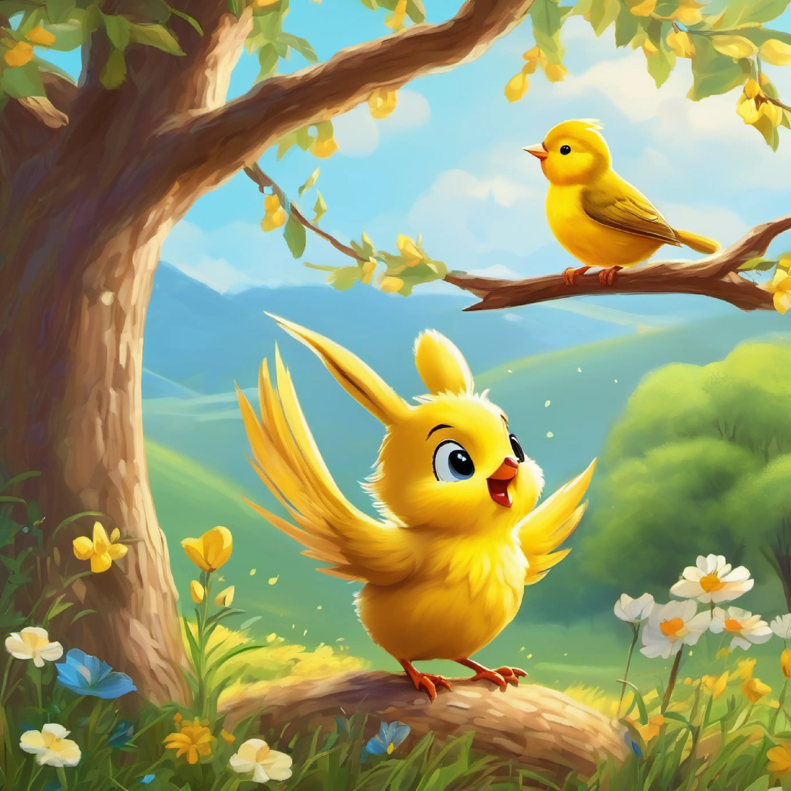 Tweetie yellow bird singing on a tree and brown rabbit listening in a meadow in spring