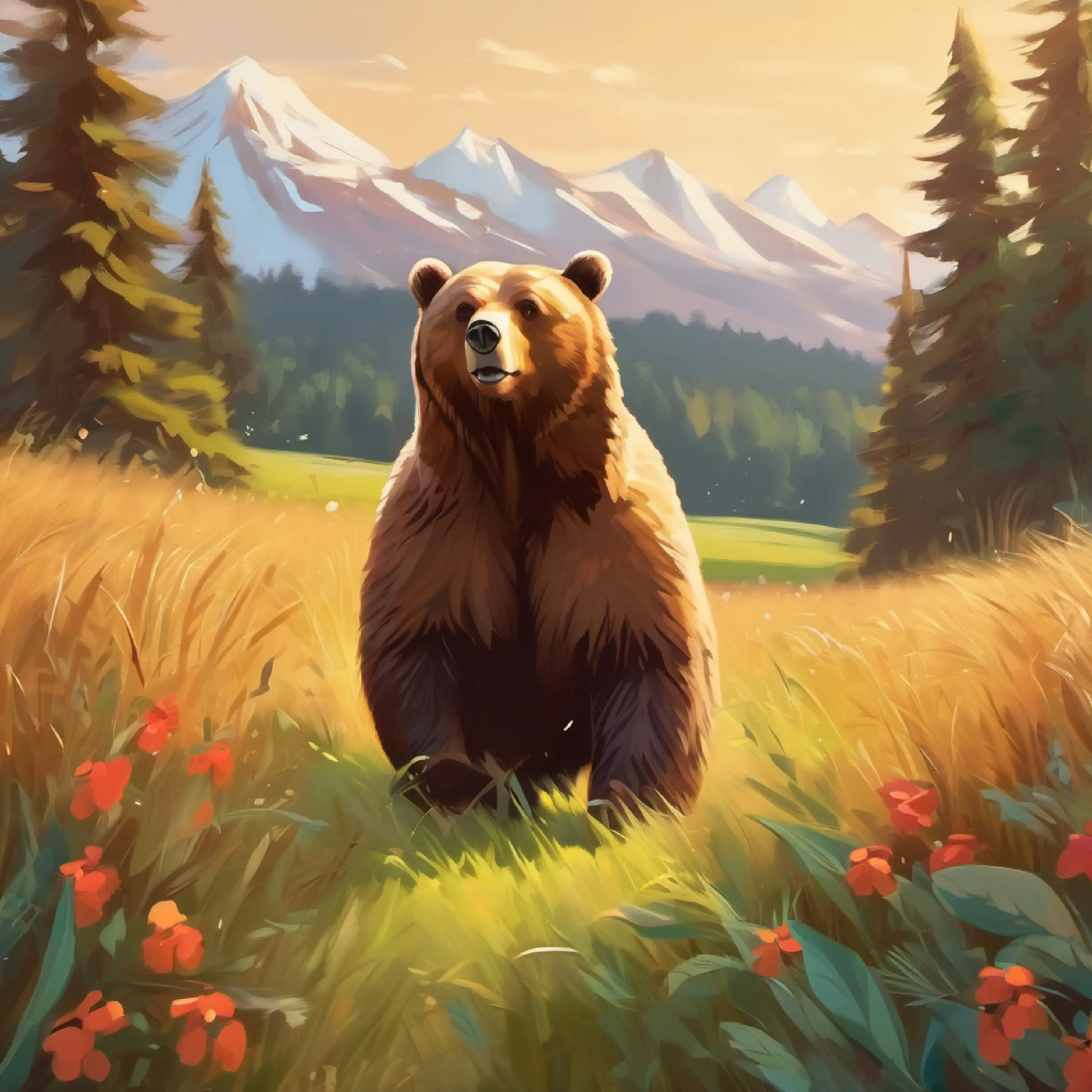 a brown and calm  bear in the meadow